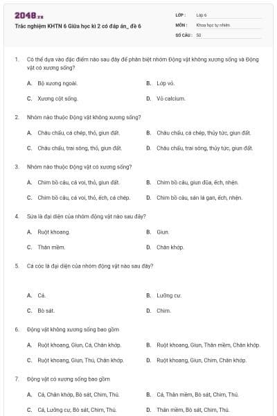 Trắc nghiệm KHTN 6 Giữa học kì 2 có đáp án_ đề 6