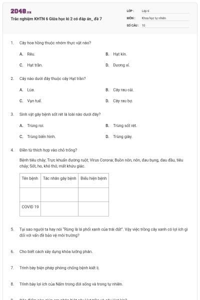 Trắc nghiệm KHTN 6 Giữa học kì 2 có đáp án_ đề 7