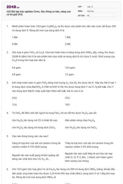 225 Bài tập trắc nghiệm Crom, Sắt, Đồng cơ bản, nâng cao có lời giải (P3)