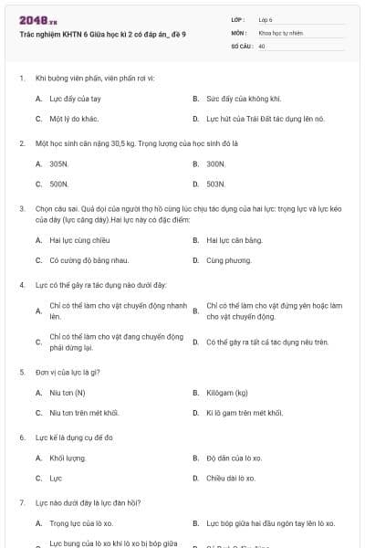 Trắc nghiệm KHTN 6 Giữa học kì 2 có đáp án_ đề 9