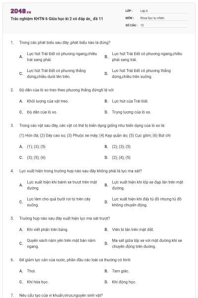Trắc nghiệm KHTN 6 Giữa học kì 2 có đáp án_ đề 11