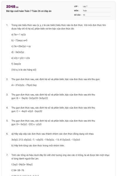 Bài tập cuối tuần Toán 7 Tuần 26 có đáp án