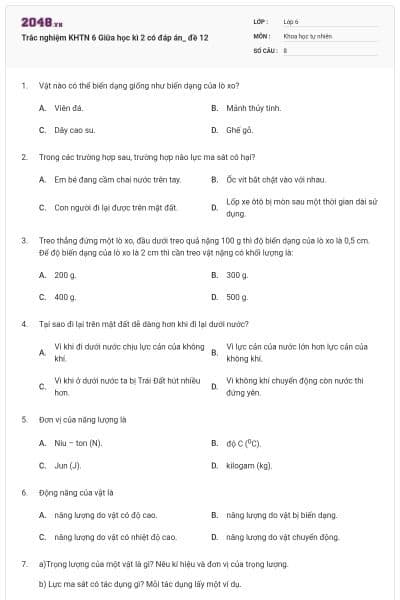 Trắc nghiệm KHTN 6 Giữa học kì 2 có đáp án_ đề 12
