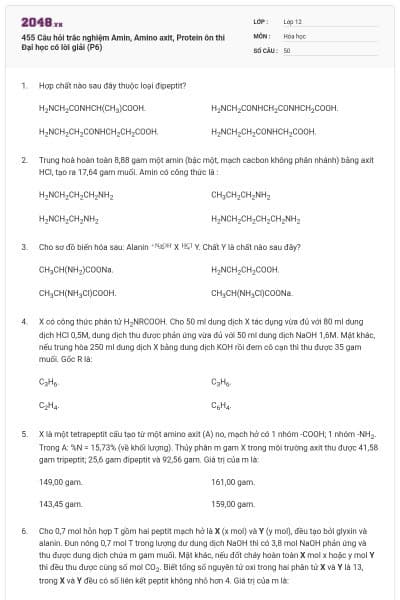 455 Câu hỏi trắc nghiệm Amin, Amino axit, Protein ôn thi Đại học có lời giải (P6)