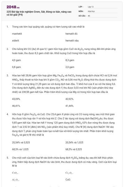 225 Bài tập trắc nghiệm Crom, Sắt, Đồng cơ bản, nâng cao có lời giải (P4)