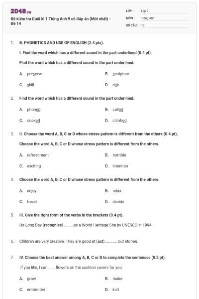 Đề kiểm tra Cuối kì 1 Tiếng Anh 9 có đáp án (Mới nhất) - Đề 14