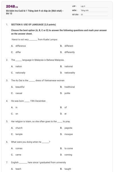 Đề kiểm tra Cuối kì 1 Tiếng Anh 9 có đáp án (Mới nhất) - Đề 15