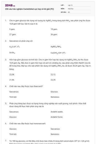 200 câu trắc nghiệm Cacbohidrat cực hay có lời giải (P2)