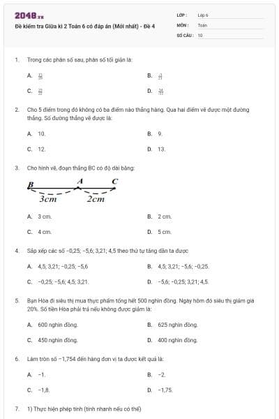 Đề kiểm tra Giữa kì 2 Toán 6 có đáp án (Mới nhất) - Đề 4