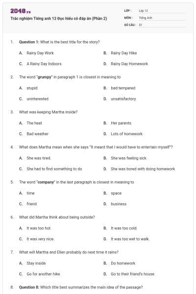 Trắc nghiệm Tiếng anh 12 Đọc hiểu có đáp án (Phần 2)