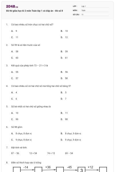 Đề thi giữa học kì 2 môn Toán lớp 1 có đáp án - Đề số 8