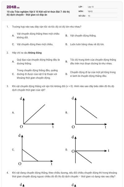 10 câu Trắc nghiệm Vật lí 10 Kết nối tri thức Bài 7: Đồ thị độ dịch chuyển - thời gian có đáp án