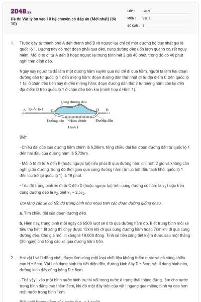 Đề thi Vật lý ôn vào 10 hệ chuyên có đáp án (Mới nhất) (Đề 10)