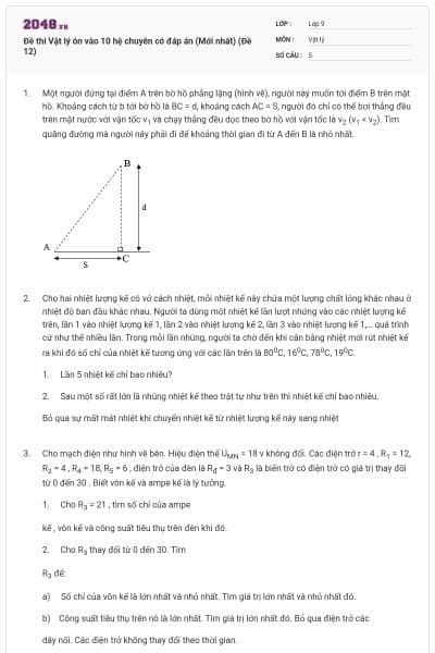 Đề thi Vật lý ôn vào 10 hệ chuyên có đáp án (Mới nhất) (Đề 12)