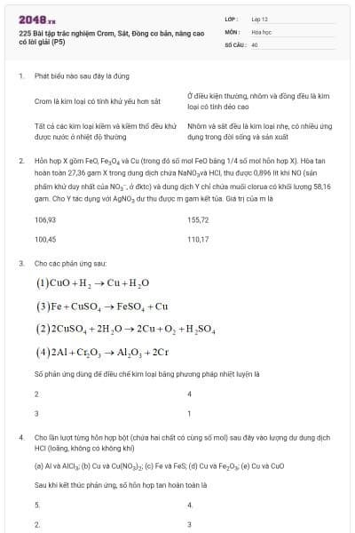 225 Bài tập trắc nghiệm Crom, Sắt, Đồng cơ bản, nâng cao có lời giải (P5)