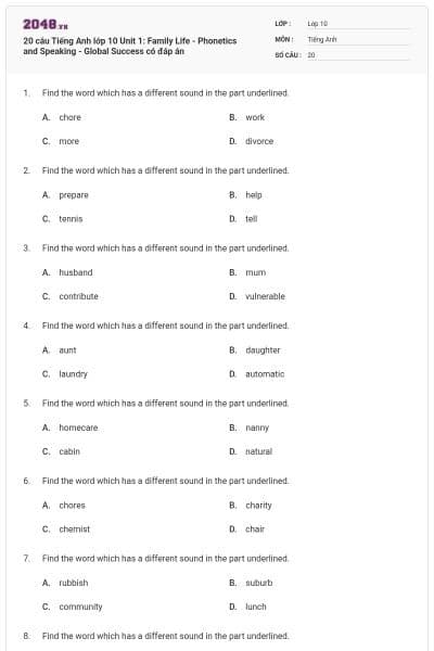 20 câu Tiếng Anh lớp 10 Unit 1: Family Life - Phonetics and Speaking - Global Success có đáp án
