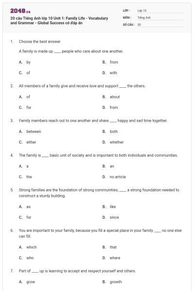 20 câu Tiếng Anh lớp 10 Unit 1: Family Life - Vocabulary and Grammar - Global Success có đáp án