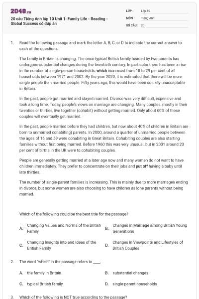 20 câu Tiếng Anh lớp 10 Unit 1: Family Life - Reading - Global Success có đáp án