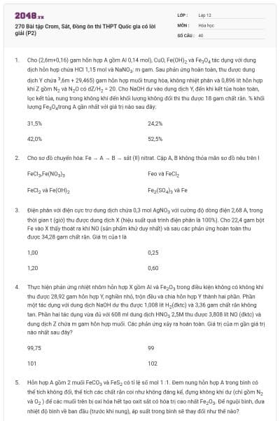 270 Bài tập Crom, Sắt, Đồng ôn thi THPT Quốc gia có lời giải (P2)