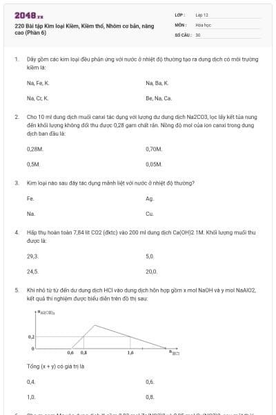 220 Bài tập Kim loại Kiềm, Kiềm thổ, Nhôm cơ bản, nâng cao (Phần 6)