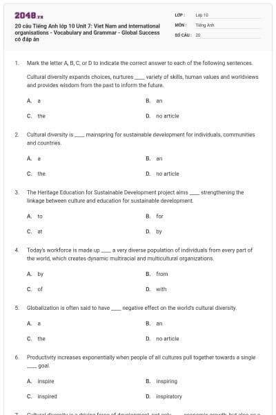 20 câu Tiếng Anh lớp 10 Unit 7: Viet Nam and international organisations - Vocabulary and Grammar - Global Success có đáp án