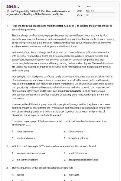 20 câu Tiếng Anh lớp 10 Unit 7: Viet Nam and international organisations - Reading - Global Success có đáp án
