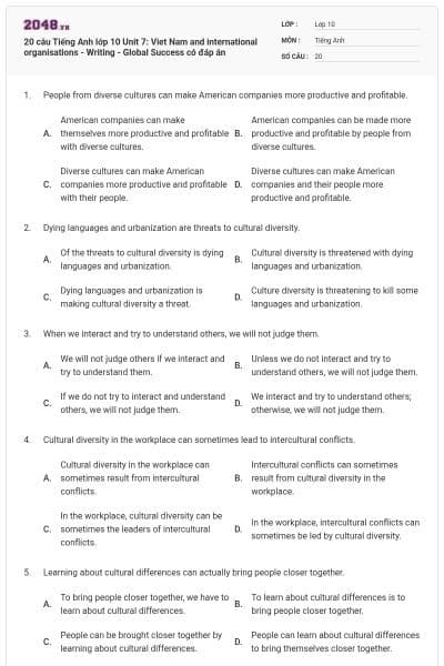 20 câu Tiếng Anh lớp 10 Unit 7: Viet Nam and international organisations - Writing - Global Success có đáp án
