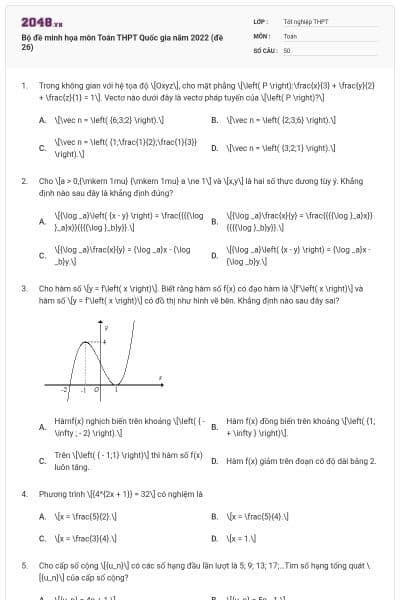 Bộ đề minh họa môn Toán THPT Quốc gia năm 2022 (đề 26)