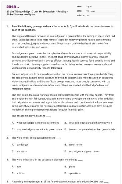 20 câu Tiếng Anh lớp 10 Unit 10: Ecotourism - Reading - Global Success có đáp án