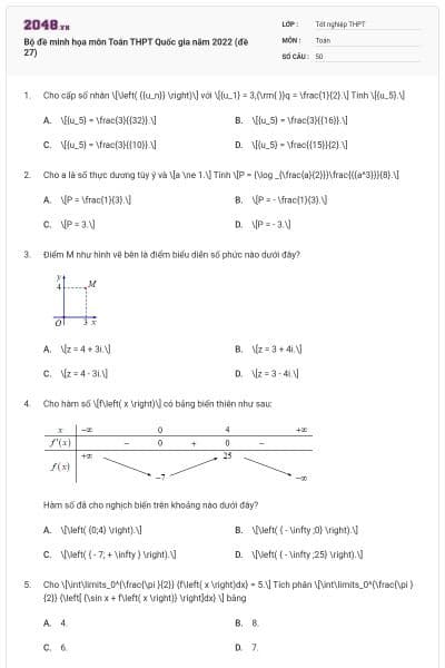 Bộ đề minh họa môn Toán THPT Quốc gia năm 2022 (đề 27)