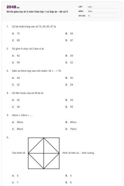 Đề thi giữa học kì 2 môn Toán lớp 1 có đáp án - Đề số 9