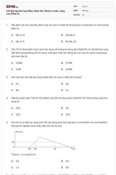 220 Bài tập Kim loại Kiềm, Kiềm thổ, Nhôm cơ bản, nâng cao (Phần 6)