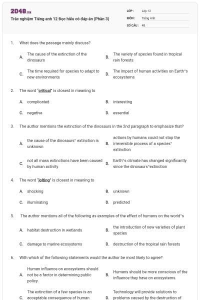 Trắc nghiệm Tiếng anh 12 Đọc hiểu có đáp án (Phần 3)