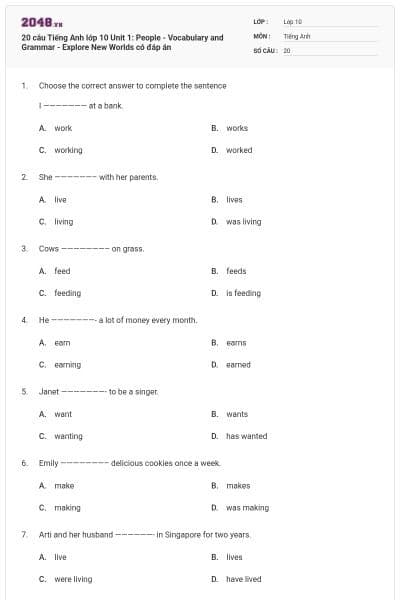 20 câu Tiếng Anh lớp 10 Unit 1: People - Vocabulary and Grammar - Explore New Worlds có đáp án