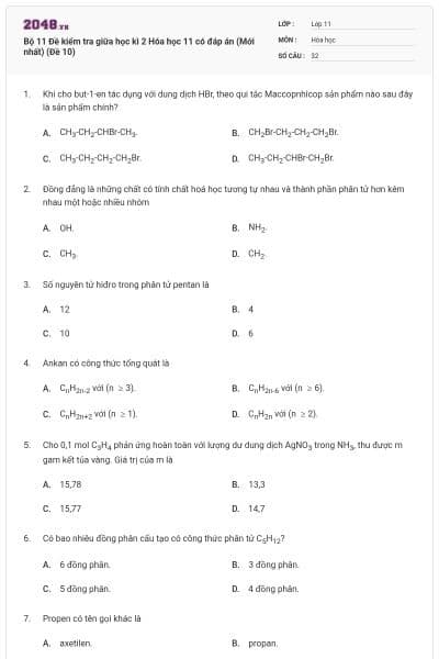 Bộ 11 Đề kiểm tra giữa học kì 2 Hóa học 11 có đáp án (Mới nhất) (Đề 10)