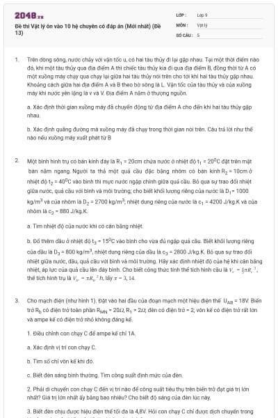 Đề thi Vật lý ôn vào 10 hệ chuyên có đáp án (Mới nhất) (Đề 13)