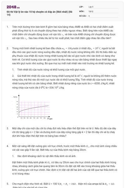 Đề thi Vật lý ôn vào 10 hệ chuyên có đáp án (Mới nhất) (Đề 14)