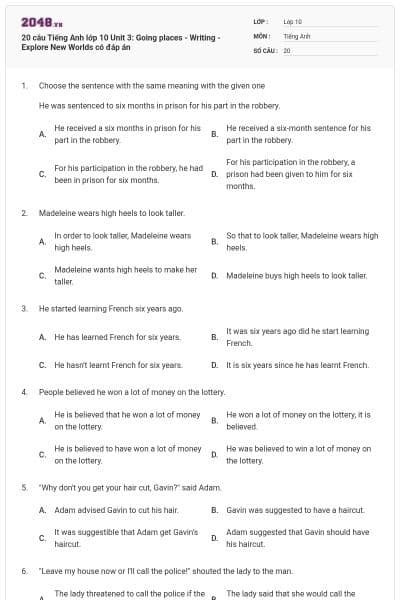 20 câu Tiếng Anh lớp 10 Unit 3: Going places - Writing - Explore New Worlds có đáp án