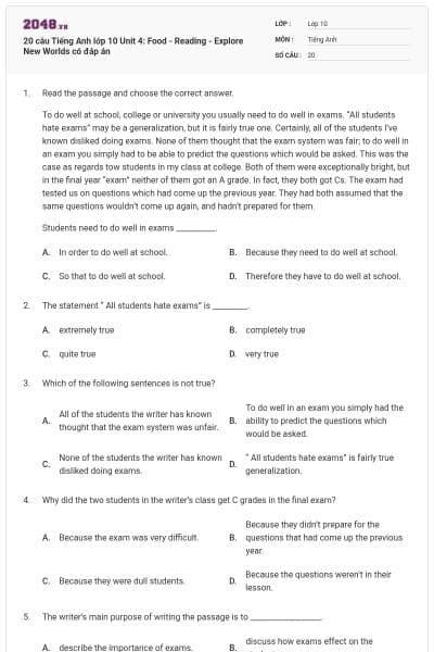 20 câu Tiếng Anh lớp 10 Unit 4: Food - Reading - Explore New Worlds có đáp án
