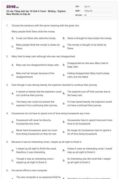 20 câu Tiếng Anh lớp 10 Unit 4: Food - Writing - Explore New Worlds có đáp án