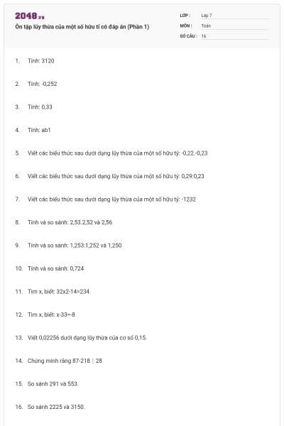 Ôn tập lũy thừa của một số hữu tỉ có đáp án (Phần 1)