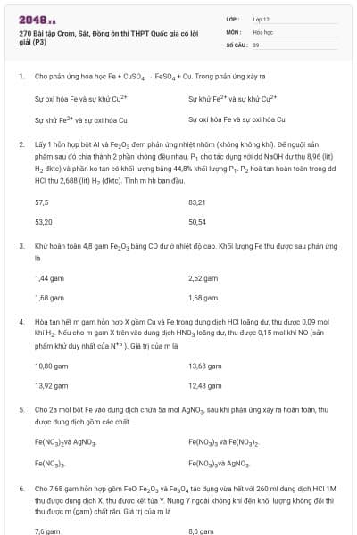270 Bài tập Crom, Sắt, Đồng ôn thi THPT Quốc gia có lời giải (P3)