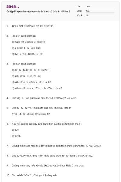 Ôn tập Phép nhân và phép chia đa thức có đáp án - Phần 2