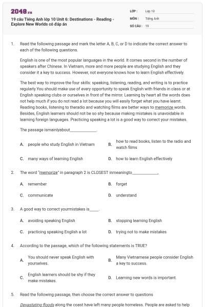 19 câu Tiếng Anh lớp 10 Unit 6: Destinations - Reading - Explore New Worlds có đáp án