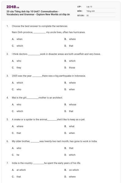 20 câu Tiếng Anh lớp 10 Unit7: Commutication - Vocabulary and Grammar - Explore New Worlds có đáp án