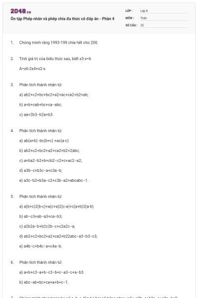 Ôn tập Phép nhân và phép chia đa thức có đáp án - Phần 4