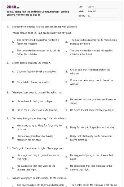 20 câu Tiếng Anh lớp 10 Unit7: Commutication - Writing - Explore New Worlds có đáp án