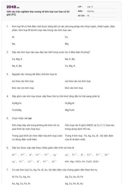 260 câu trắc nghiệm Đại cương về kim loại cực hay có lời giải (P2)