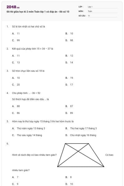 Đề thi giữa học kì 2 môn Toán lớp 1 có đáp án - Đề số 10