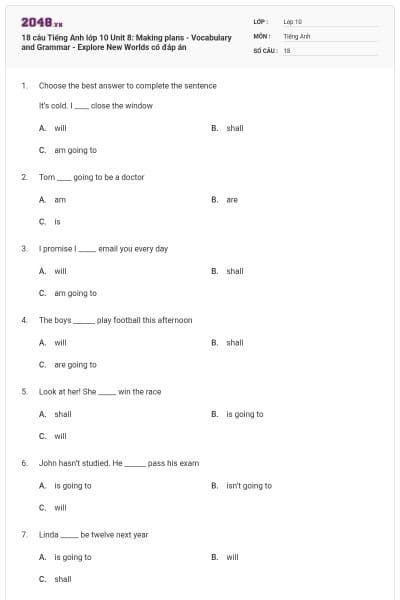 18 câu Tiếng Anh lớp 10 Unit 8: Making plans - Vocabulary and Grammar - Explore New Worlds có đáp án